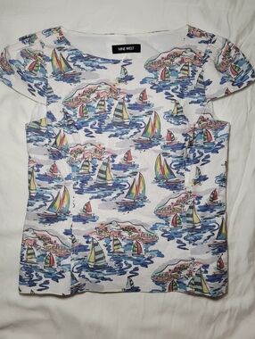 Nine West Sz 4 Women's Sailboat Top Linen Blend Lined Coastal Grandma